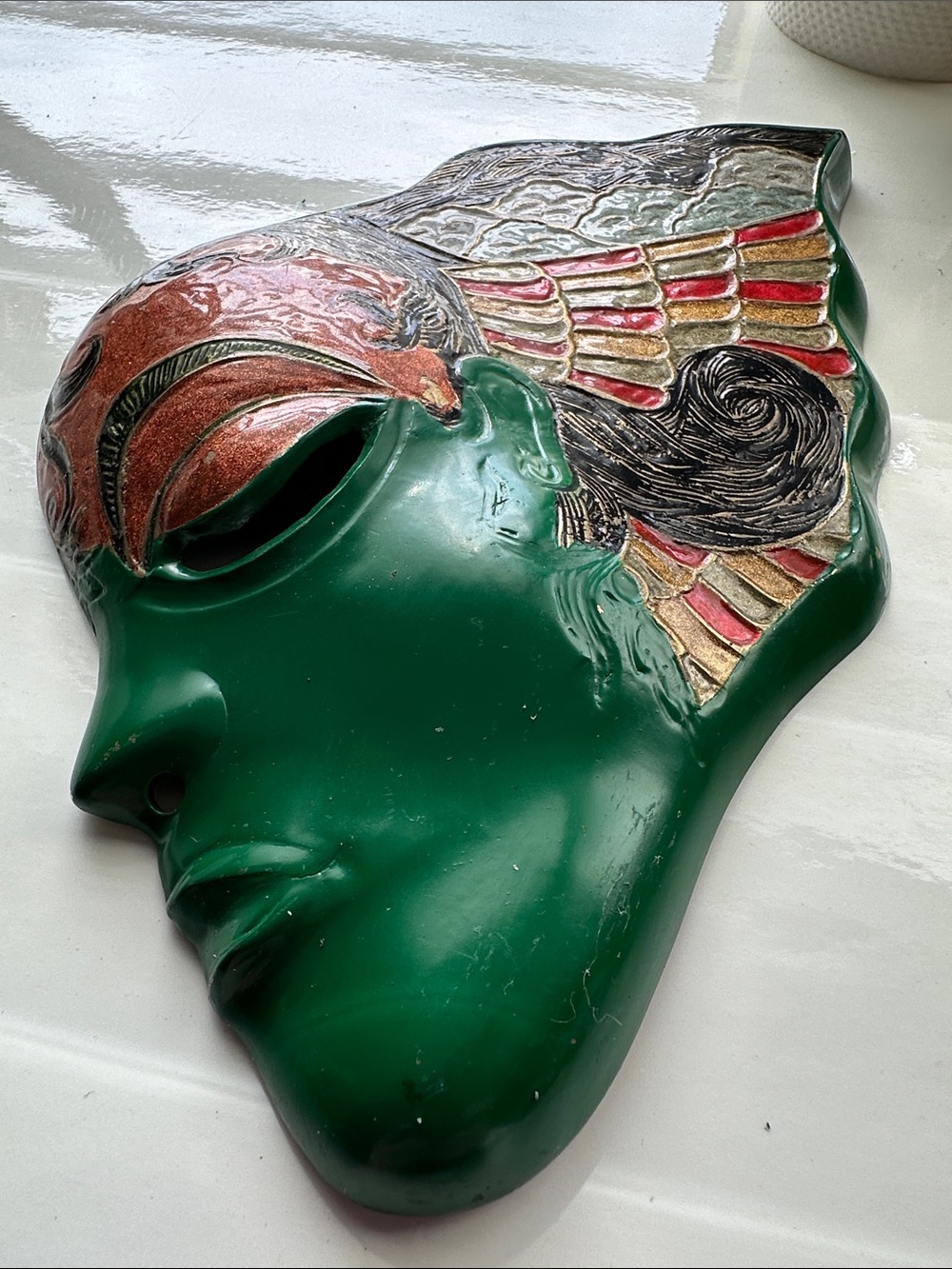 Vintage Enamelled Brass Decorative Wall Mask with Green, Gold & Red Accents -